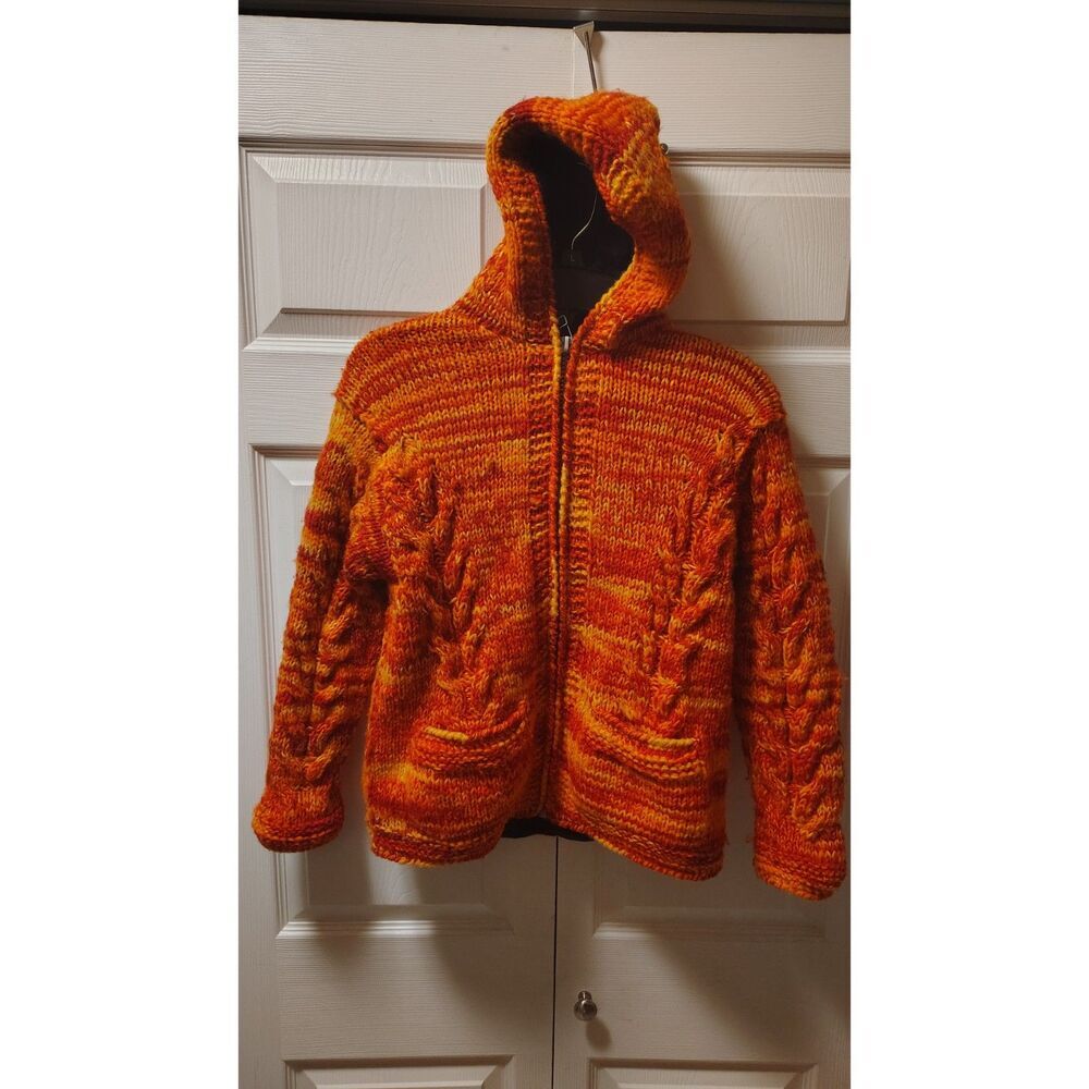 Orchidee Large Orange Knit 100% Wool Zip-Up Hoodie Jacket